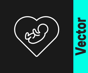 White line Baby inside heart icon isolated on black background. Vector.
