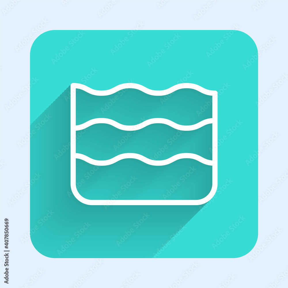 Poster white line wave icon isolated with long shadow. green square button. vector.