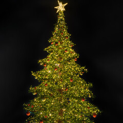 Green Christmas tree with colorful decorations and star on top on dark background.