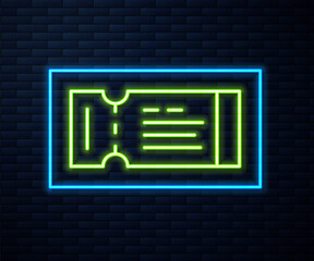 Glowing neon line Airline ticket icon isolated on brick wall background. Plane ticket. Vector.