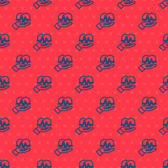 Blue line Heart rate icon isolated seamless pattern on red background. Heartbeat sign. Heart pulse icon. Cardiogram icon. Vector.