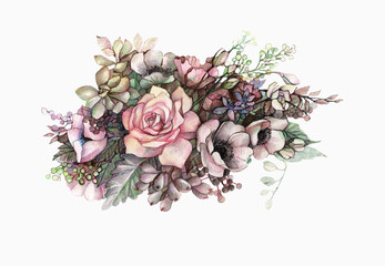 Floral Illustration with Rose. Anemones and Succulents in Vintage Shabby Chic Style
