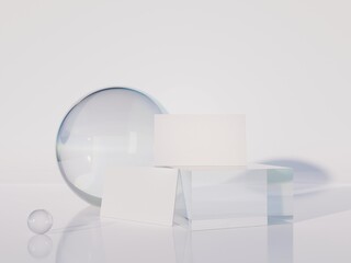 Scene with two blank business cards and glass forms