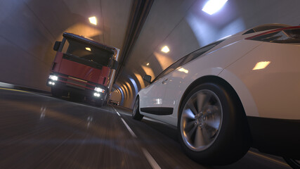 Naklejka na ściany i meble Low Angle View of an Automobile and a Semi Truck on the Move Inside a Tunnel 3D Rendering