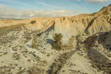 Aerial view of Tabernas desert landscape in Andalusia Almeria Spain
