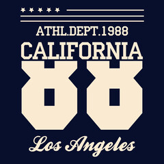 T shirt typography California graphic. Street graphic style Los Angeles. Fashion stylish print sports wear. College emblem sign. Retro. Template apparel, card, label, poster. Vector illustration.