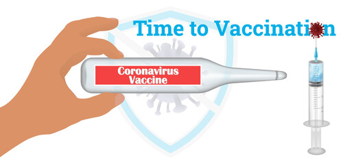 Time to vaccinate. Horizontal banner with hand holding medical vaccine,syringe,virus sign, and title Time to vaccinate. Disease prevention. Stock vector illustration on white isolated background.