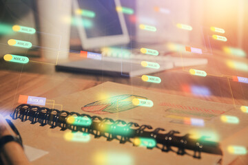 Multi exposure of data theme drawings and desk with open notebook background. Concept of education