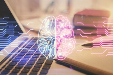 Double exposure of brain drawing and desktop with coffee and items on table background. Concept of research.