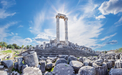 Antique Temple of Apollo in Didim city in Turkey by day - 407855835