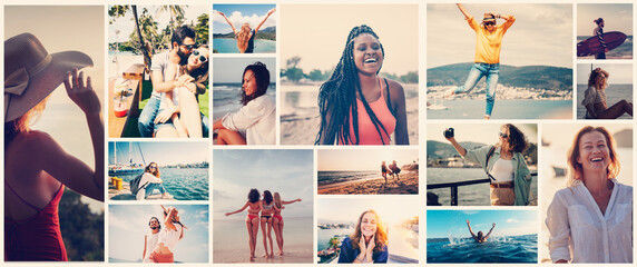 Collage Diverse beautiful happy people in summer and sea vacation, template - obrazy, fototapety, plakaty
