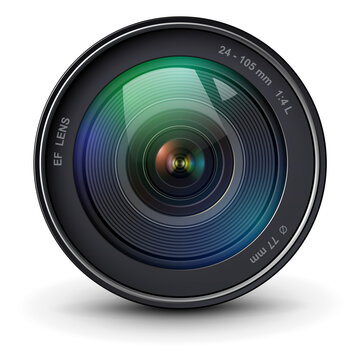 Camera photo lens, front view, realistic 3D vector icon.