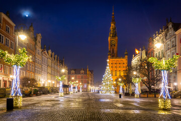Christmas tree and decorations in the old town of Gdansk at dawn, Poland