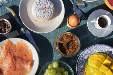 breakfast morning buffet brunch with food and drinks