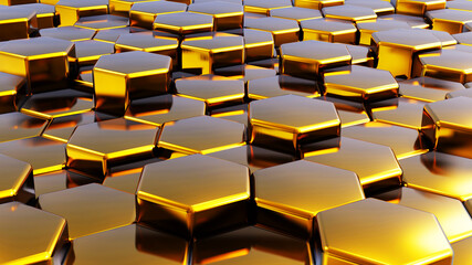 Abstract 3D geometric background, gold hexagons metallic shapes stacks, render technology illustration.