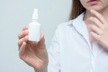 Thoughtful girl shows a medicine spray for nose, close-up, cropped image