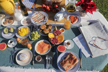 breakfast morning buffet brunch with food and drinks