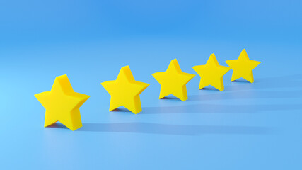 3D rendering of five gold stars on blue background