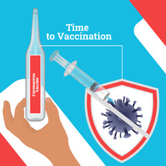 Time to vaccinate. Square banner with hand holding medical vaccine,syringe,virus sign. Disease prevention. Stock vector illustration on blue isolated background.