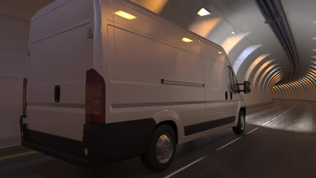 Rear and Side View of a White Delivery Van Moving Inside a Tunnel 3D Rendering