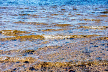 Wave of the blue sea on a sandy beach, tide on the sea