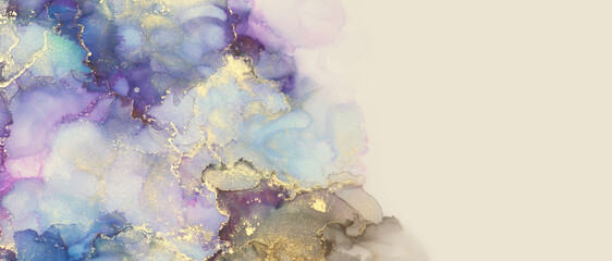 Abstract blue, violet and gold glitter color horizontal background. Marble texture. Alcohol ink.
