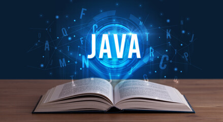 JAVA inscription coming out from an open book, digital technology concept