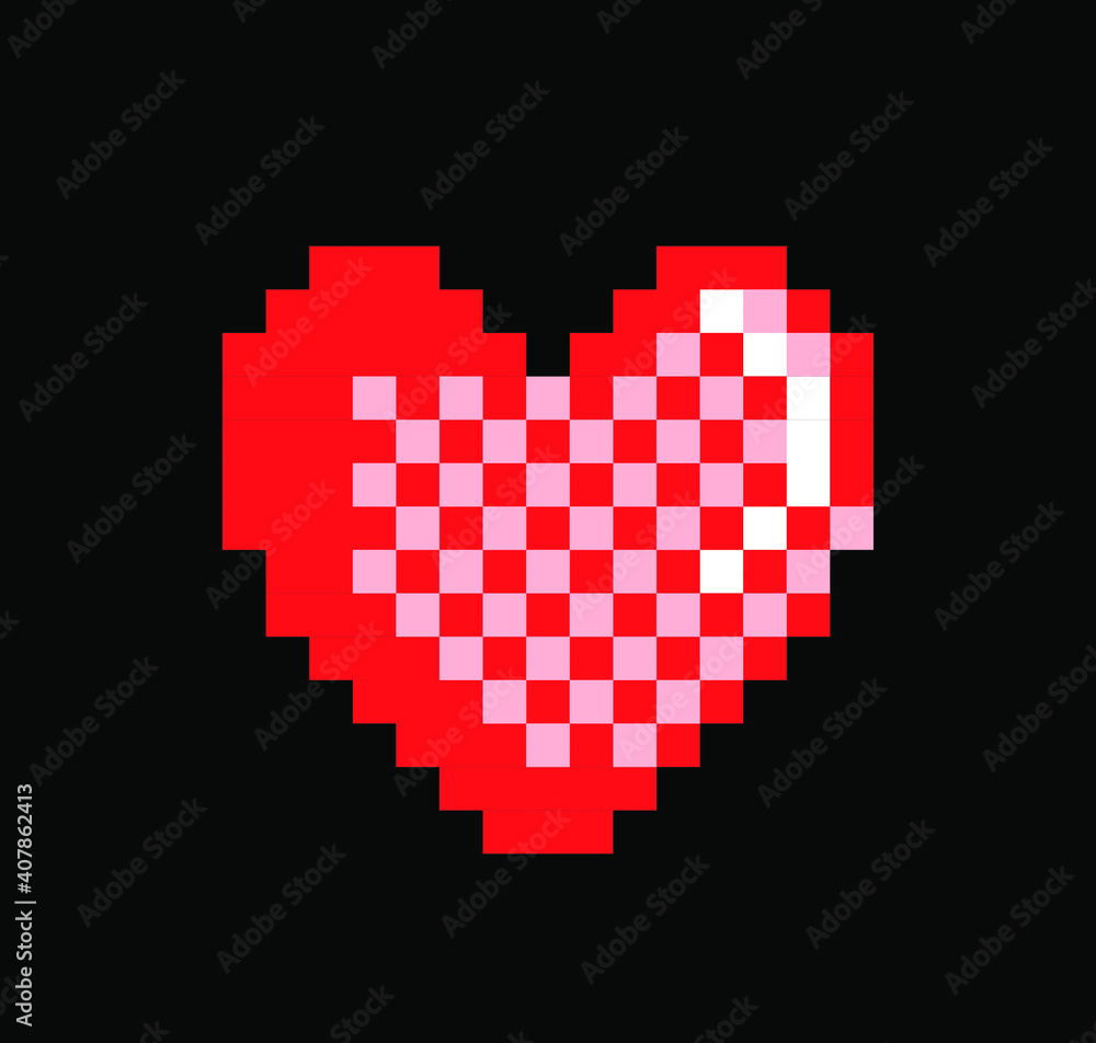 Poster pixel art heart icon isolated on black background. vector 8-bit retrowave and vaporwave style illust