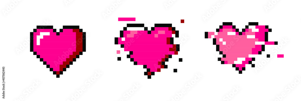 Poster set of pixel art heart icons. vector 8-bit retro style illustration.