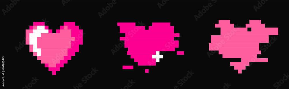 Poster set of pixel art heart icons. vector 8-bit retro style illustration.