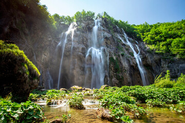 Beautiful waterfall in Plitvice lakes national park in Croatia