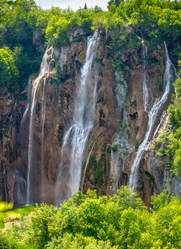 Beautiful Big Waterfall In Plitvice Lakes National Park In Croatia