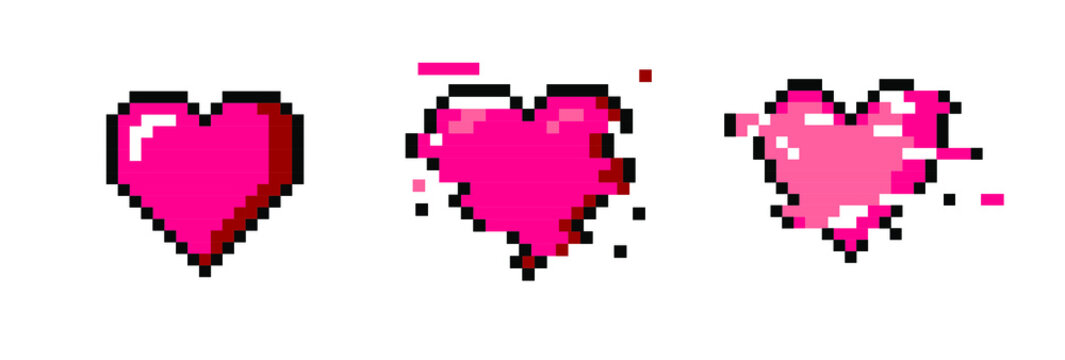 Set of pixel art heart icons. Vector 8-bit retro style illustration.