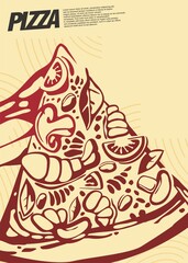 Pizza menu poster design. Close up pizza drawing. Vector image pizzeria or diner decoration banner.