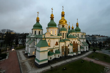 Evening view to the famous Saint Sophia Cathedral in Kyiv, Ukraine. December 2020