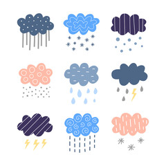 Set of cute colorful Scandinavian rainy, snowy, storm clouds for nursery posters, children arts, boho cards, baby shower, textile isolated on white background.