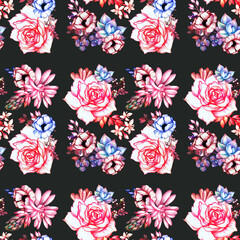 Seamless floral pattern with roses and succulents on a black background