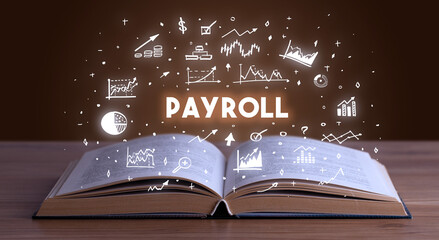 PAYROLL inscription coming out from an open book, business concept