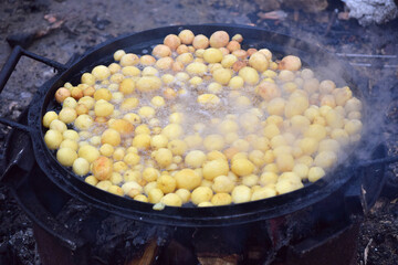 young potatoes are fried in boiling oil