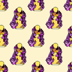 Tropical yellow and purple summer tropical seamless pattern with bottles of fragrance. Endless texture for fashion design.