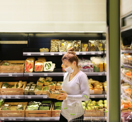 Supermarket shopping, face mask and gloves,Woman buying fruits at the market.