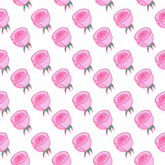 Fototapeta na wymiar Seamless pink pattern of doodle rose bud on a white background. Hand drawing. Vector illustration.