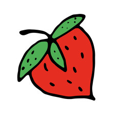 Red strawberries with green leaves on a white background. Scribble. Vector illustration. Hand drawing.