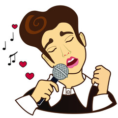 emoji man with retro singer with a microphone and a 50s styled outfit, simple colored emoticon, personage primitive vector art