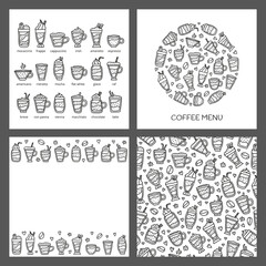 Set of cards with doodle outline coffee drinks isolated on grey background. Composition, poster and seamless pattern.