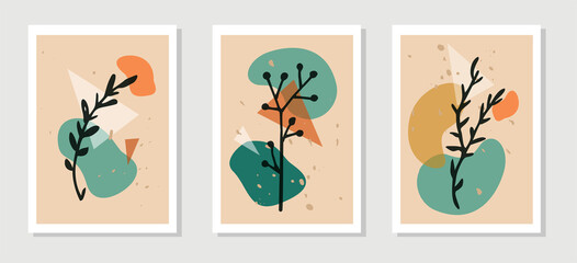 Botanical wall art vector set. Plant elements line art drawing with abstract shape spots. Abstract plant art design for print, cover, wallpaper, T-shirt and natural wall art. Vector illustration.