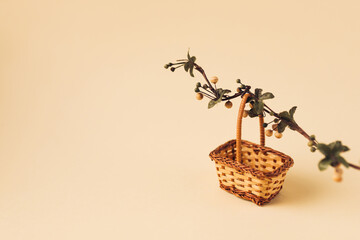 Minimal concept of a branch with buds or fruits and leaves in the small wicker basket. Vintage spring concept. Beige pastel background. Retro fashion aesthetic.