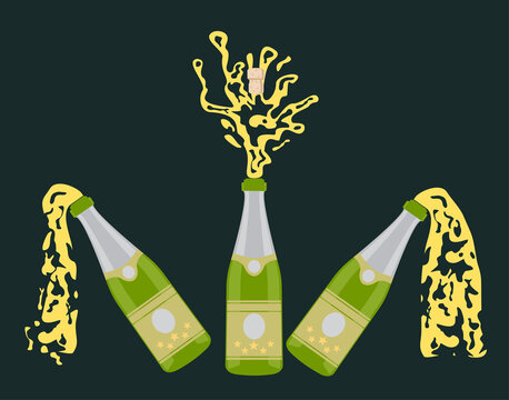 Several bottles of champagne being opened. Image on a dark background. Vector illustration