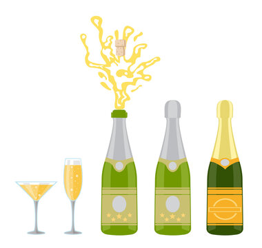 Champagnes party elements. Champagne bottle explosion and glasses with sparkling wine isolated on white background
