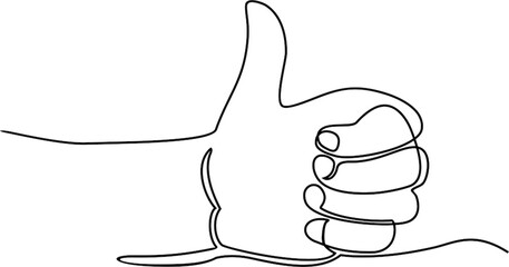 Continuous line hand thumbs up vector. The hand with the raised finger is drawn by one line on a white background. One-line drawing. Continuous line.
